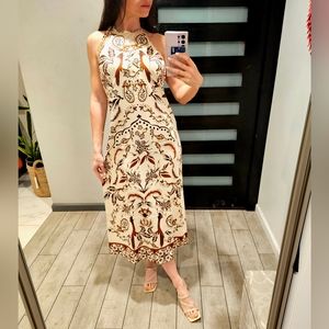 House of Harlow 1960 Satin Halter Maxi Dress Tropical Birds Print Tassels M